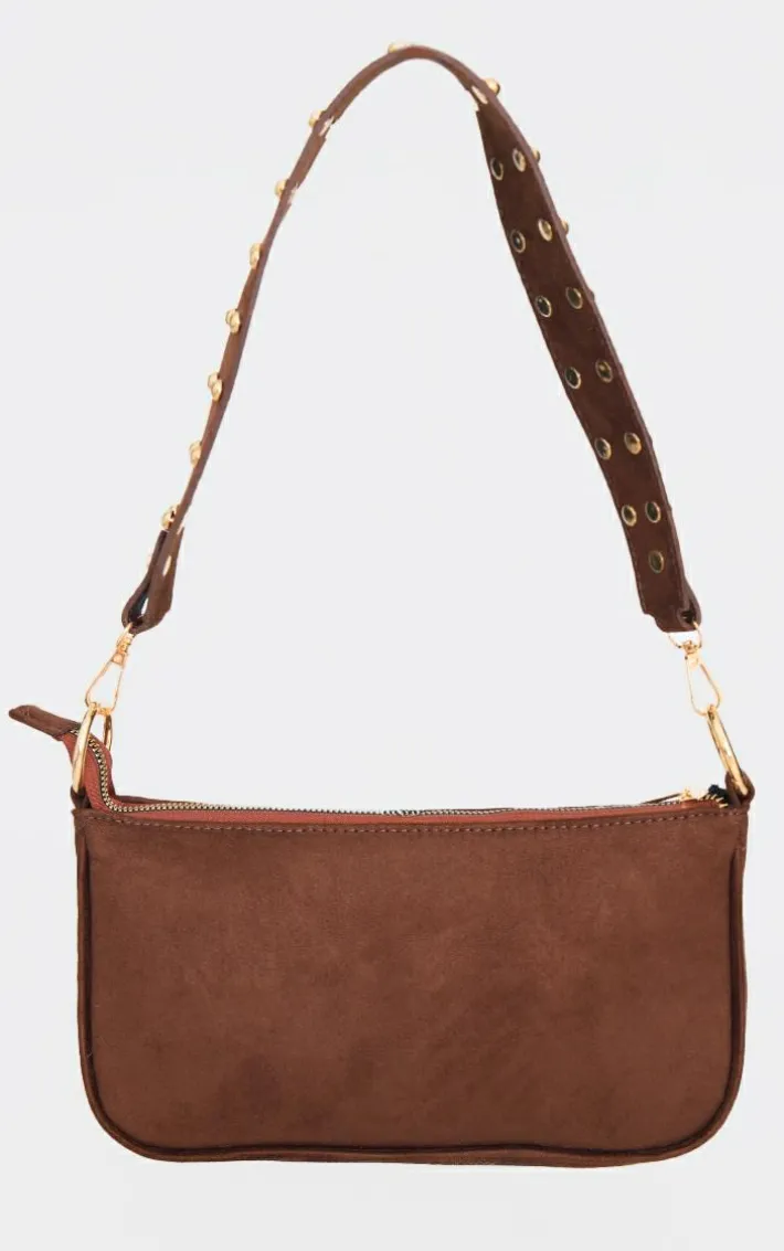 Chocolate Faux Suede Studded Handle Shoulder Bag