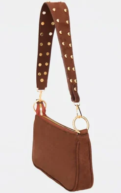 Chocolate Faux Suede Studded Handle Shoulder Bag
