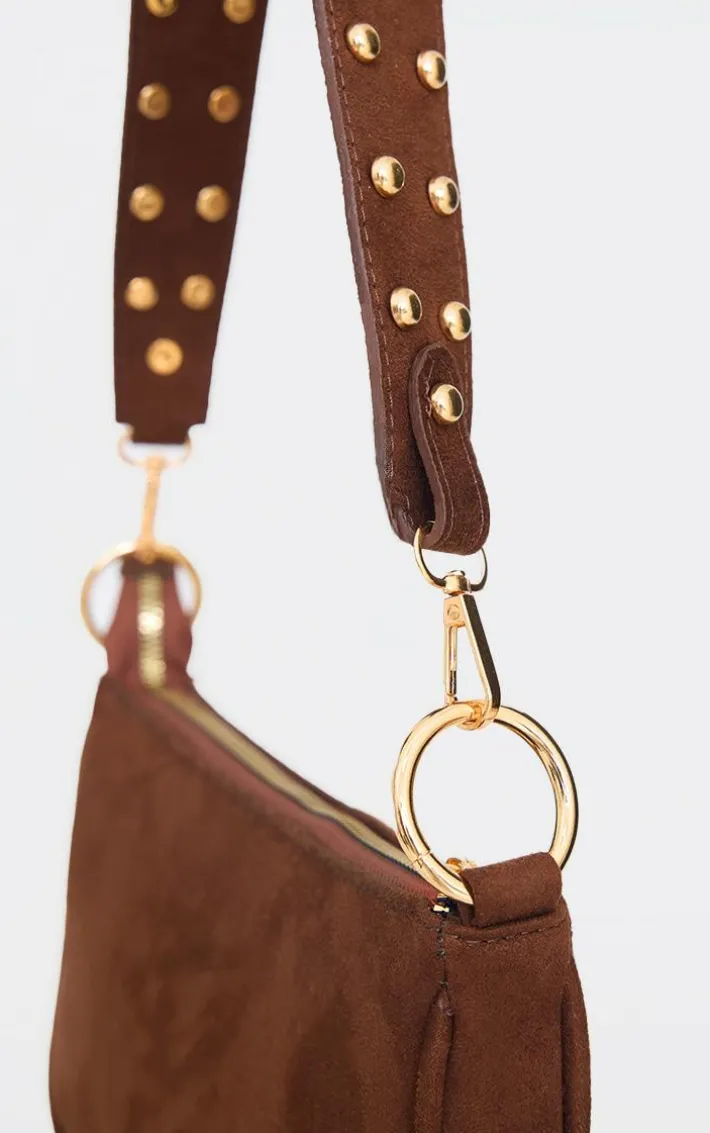 Chocolate Faux Suede Studded Handle Shoulder Bag