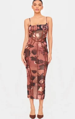 Chocolate Floral Print Mesh Binding Detail Midaxi Dress