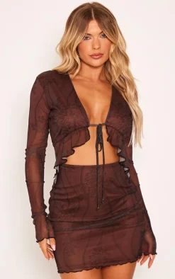 Chocolate Floral Printed Mesh Cut Out Tie Bodycon Dress