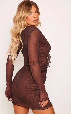 Chocolate Floral Printed Mesh Cut Out Tie Bodycon Dress