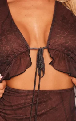 Chocolate Floral Printed Mesh Cut Out Tie Bodycon Dress