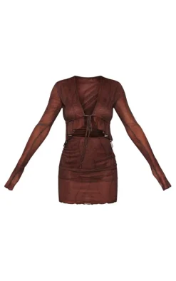 Chocolate Floral Printed Mesh Cut Out Tie Bodycon Dress