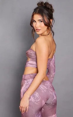 Chocolate Floral Slinky Cut Out Bardot Long Sleeve Crop Top