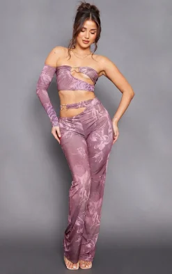 Chocolate Floral Slinky Cut Out Bardot Long Sleeve Crop Top