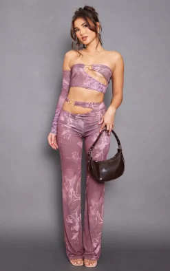 Chocolate Floral Slinky Cut Out Wide Leg Pants