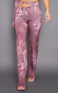 Chocolate Floral Slinky Cut Out Wide Leg Pants