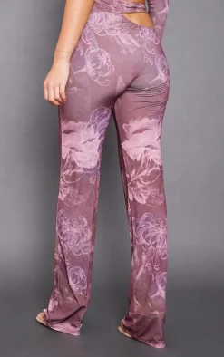 Chocolate Floral Slinky Cut Out Wide Leg Pants