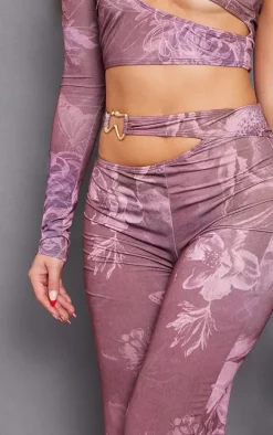 Chocolate Floral Slinky Cut Out Wide Leg Pants