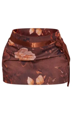 Chocolate Floral Woven Bow Detail Low Rise Micro Mini Skirt