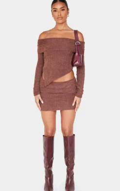 Chocolate Fluffy Asymmetric Fold Over Bardot Top