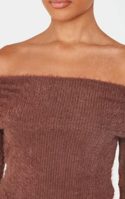 Chocolate Fluffy Asymmetric Fold Over Bardot Top