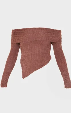 Chocolate Fluffy Asymmetric Fold Over Bardot Top