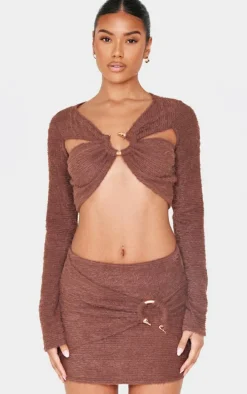 Chocolate Fluffy Textured Trim Detail Crop Top
