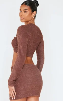 Chocolate Fluffy Textured Trim Detail Crop Top