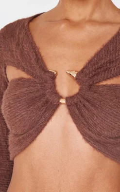 Chocolate Fluffy Textured Trim Detail Crop Top