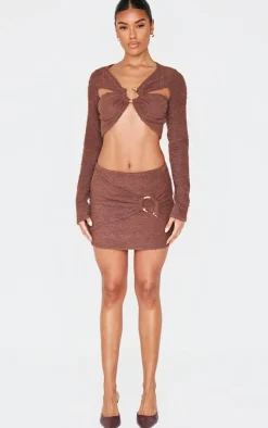 Chocolate Fluffy Textured Trim Detail Wrap Micro Mini Skirt