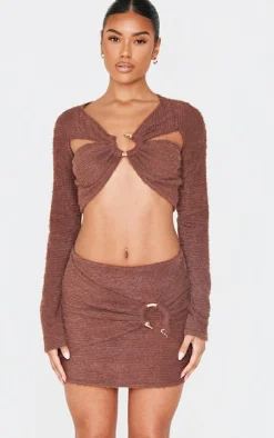 Chocolate Fluffy Textured Trim Detail Wrap Micro Mini Skirt