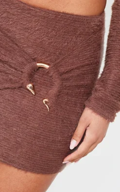 Chocolate Fluffy Textured Trim Detail Wrap Micro Mini Skirt