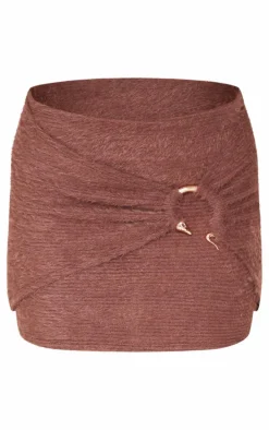 Chocolate Fluffy Textured Trim Detail Wrap Micro Mini Skirt