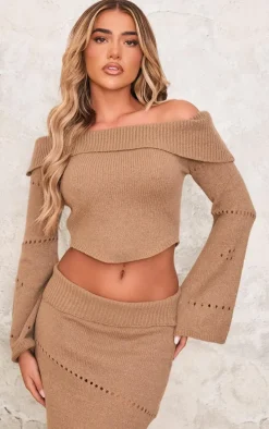 Chocolate Fold Over Bardot Knit Long Sleeve Top