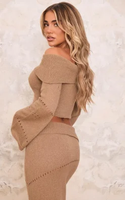 Chocolate Fold Over Bardot Knit Long Sleeve Top