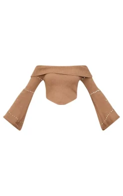 Chocolate Fold Over Bardot Knit Long Sleeve Top