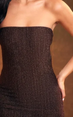 Chocolate Glitter Plisse Bandeau Lettuce Hem Bodycon Dress