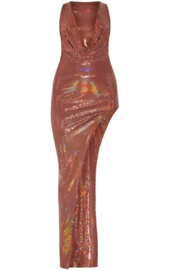 Chocolate Glitter Slinky Cowl Neck Thigh Split Midaxi Dress