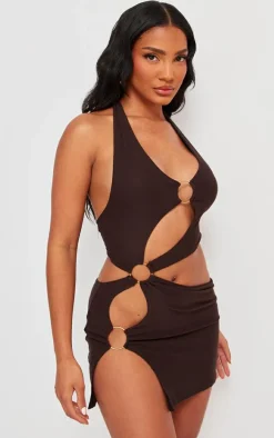 Chocolate Halter Neck Ring Detail Mini Dress