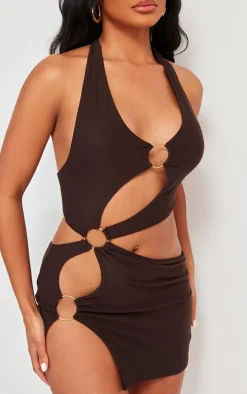 Chocolate Halter Neck Ring Detail Mini Dress