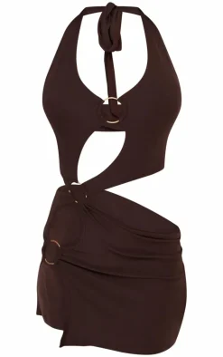 Chocolate Halter Neck Ring Detail Mini Dress
