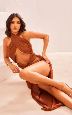 Chocolate Halterneck Knot Detail Slit Maxi Dress