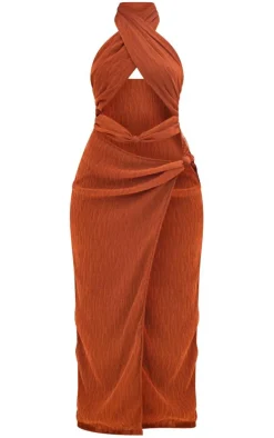 Chocolate Halterneck Knot Detail Slit Maxi Dress