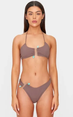 Chocolate Halterneck Silver Trim Bikini Top