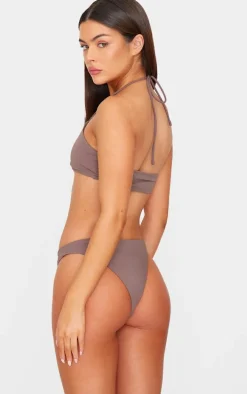 Chocolate Halterneck Silver Trim Bikini Top