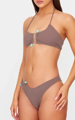 Chocolate Halterneck Silver Trim Bikini Top
