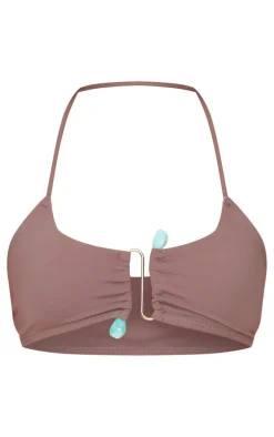 Chocolate Halterneck Silver Trim Bikini Top