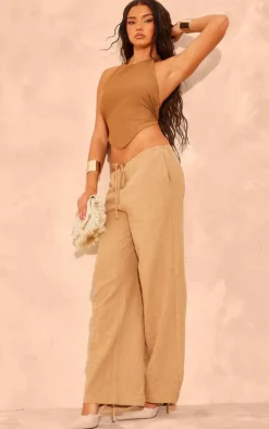 Chocolate Hammered Satin Tie Back Haltneck Top