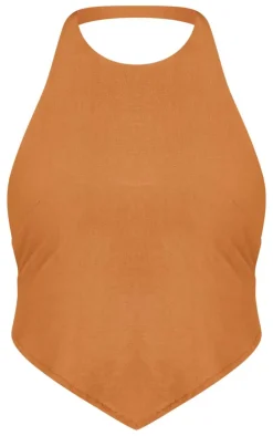 Chocolate Hammered Satin Tie Back Haltneck Top