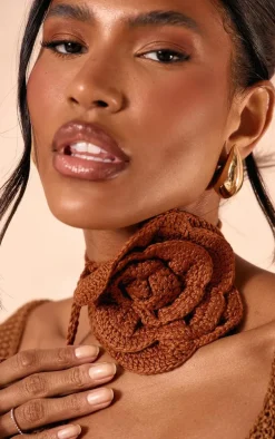 Chocolate Knitted Corsage Neck Tie