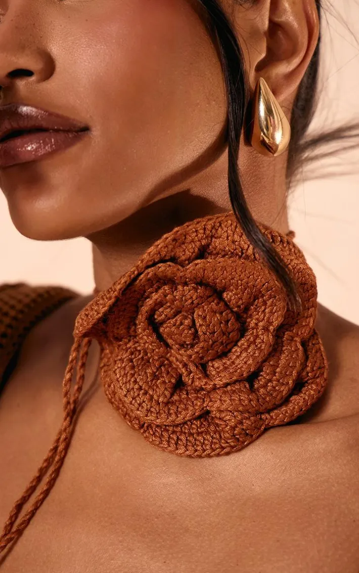 Chocolate Knitted Corsage Neck Tie