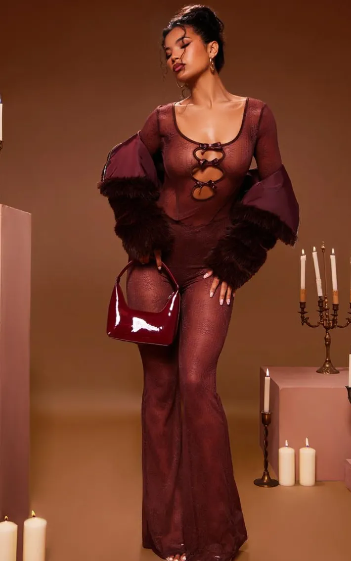 Chocolate Lace Cut Out Bow Detail Long Sleeve Jumpsuit