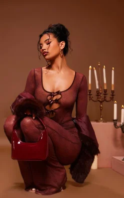 Chocolate Lace Cut Out Bow Detail Long Sleeve Jumpsuit