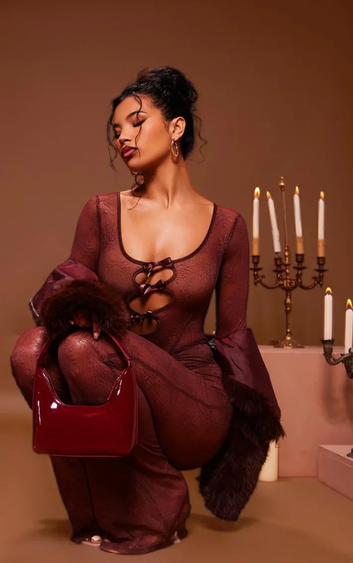 Chocolate Lace Cut Out Bow Detail Long Sleeve Jumpsuit