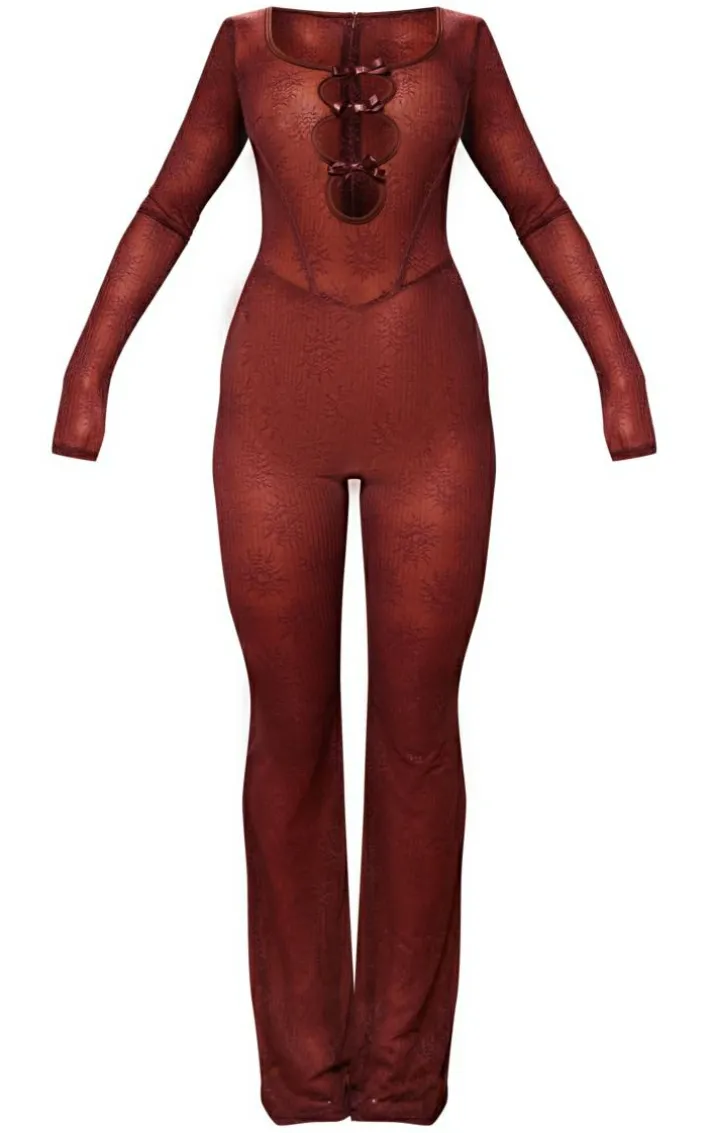 Chocolate Lace Cut Out Bow Detail Long Sleeve Jumpsuit