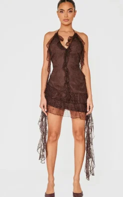 Chocolate Lace Frill Detail Halterneck Backless Bodycon Dress