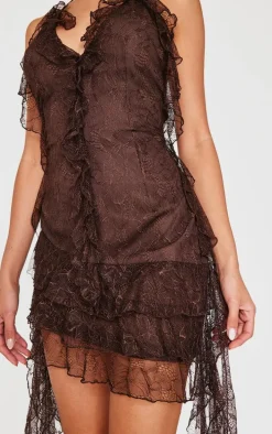 Chocolate Lace Frill Detail Halterneck Backless Bodycon Dress