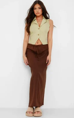 Chocolate Linen Look Drawstring Waist Midaxi Skirt